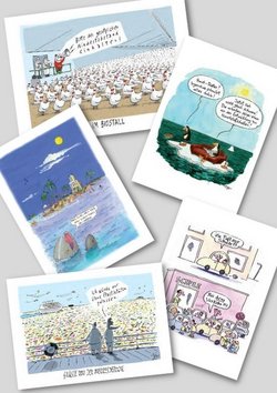 Postkarten zur Karikaturen-Ausstellung "Glänzende Aussichten"